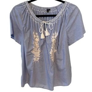 Talbots Women's Blue Chambray Embroidered Peasant Top in Size 2X